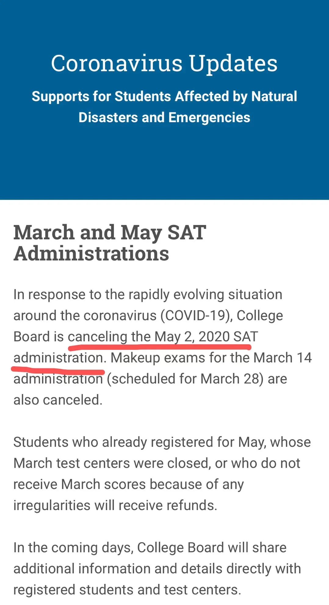 CB官宣： 5月SAT考试取消将尽快安排补考，考生该怎么办？
