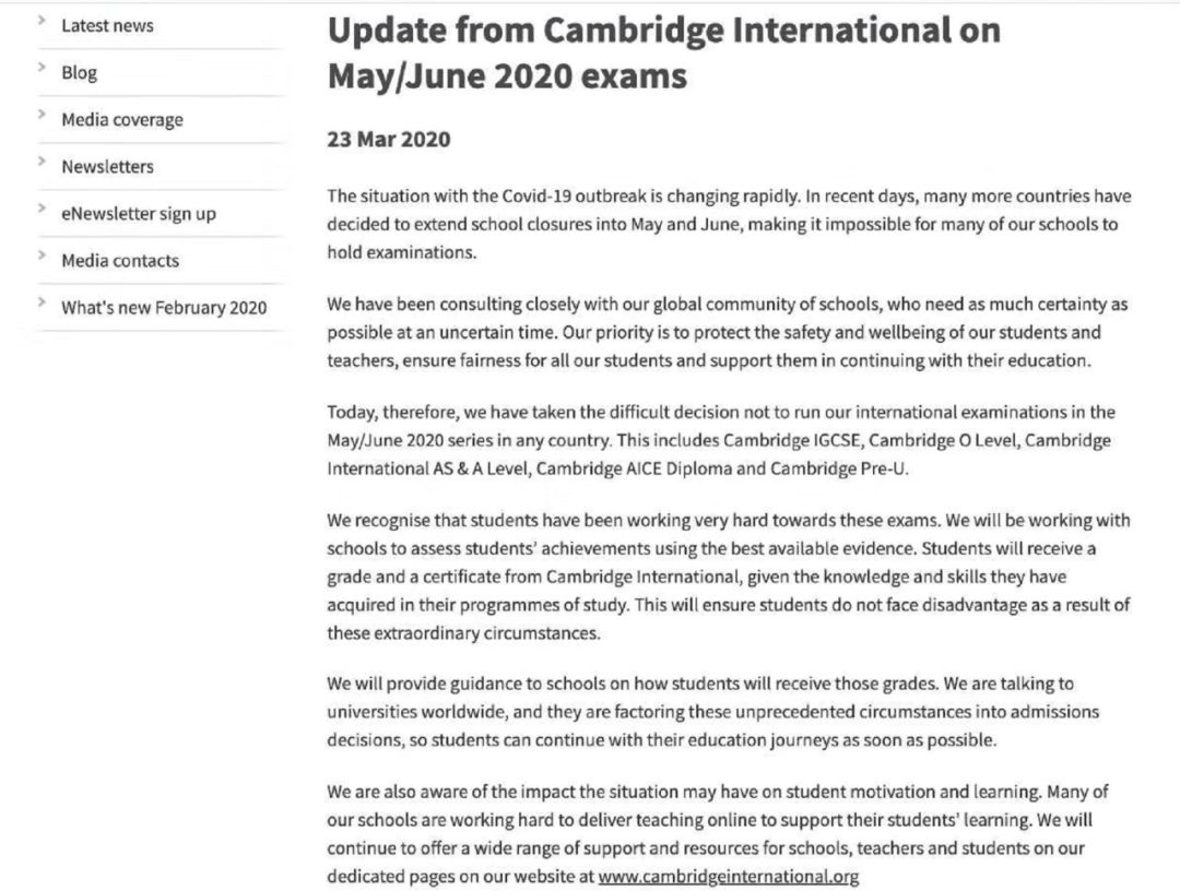 重磅！剑桥CIE宣布取消全球5、6月A-Level和IGCSE考试！