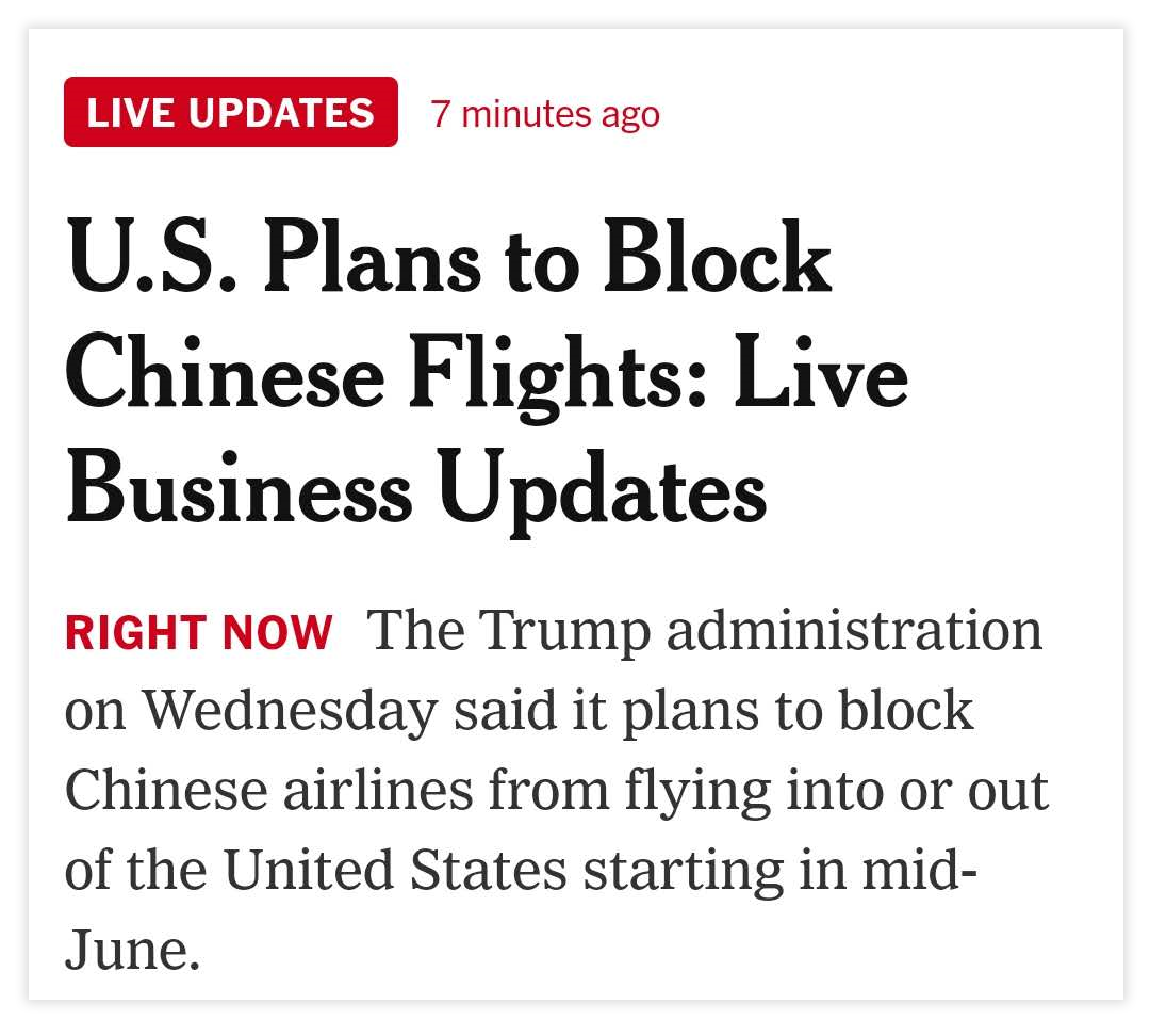 突发！特朗普计划从6月中旬禁止中国载客航班飞往美国