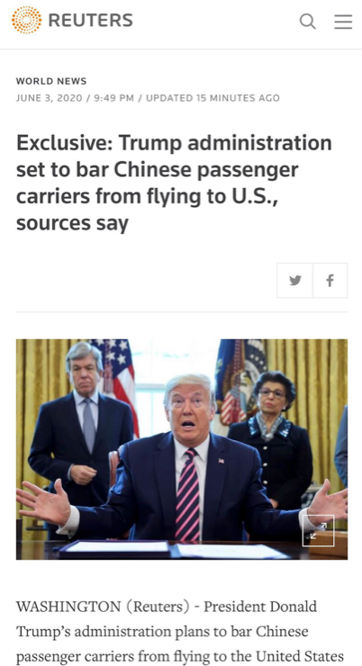 突发！特朗普计划从6月中旬禁止中国载客航班飞往美国