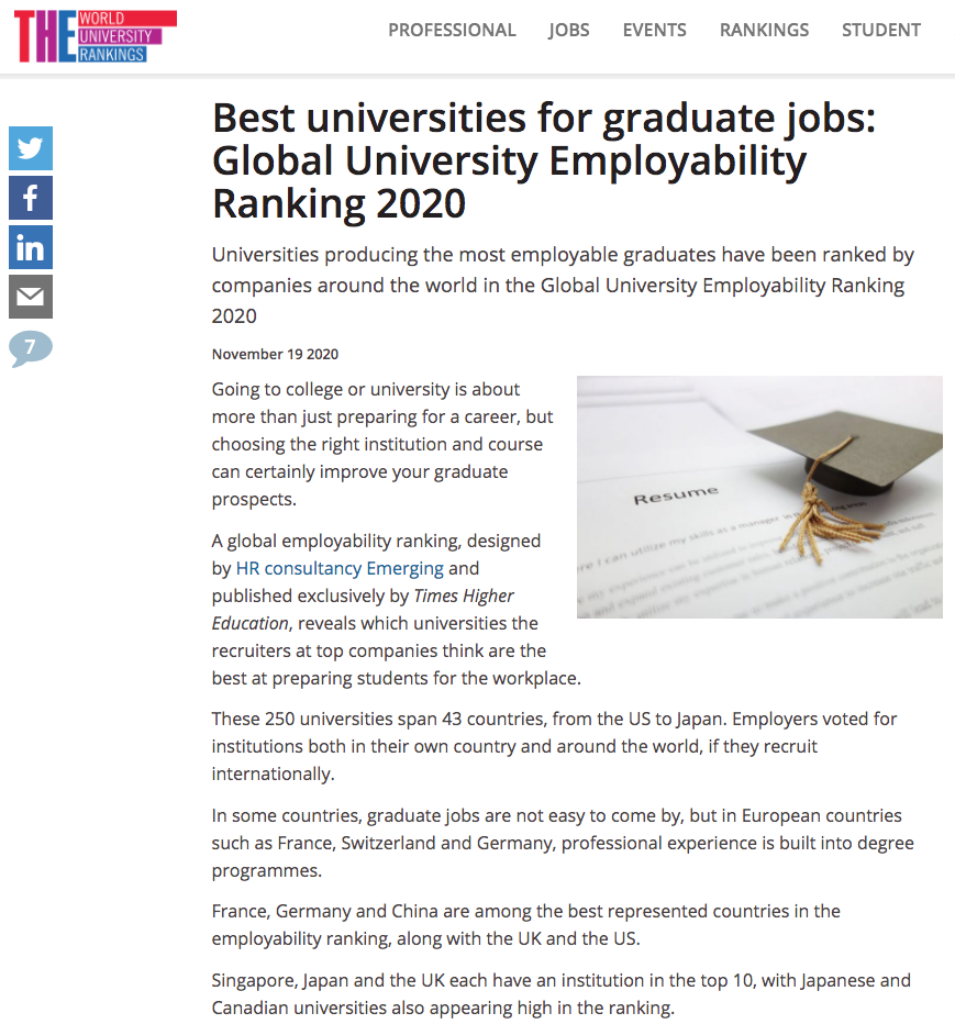泰晤士报最新2020全球大学就业力排行，新加坡国立大学跃居全球第九！