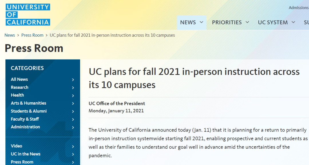 加州大学系统官宣：计划从2021年秋季学期开始线下授课