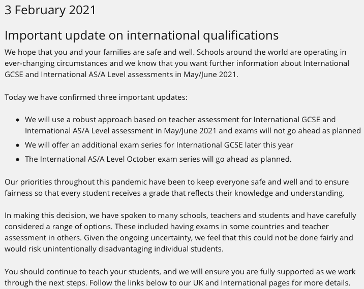 爱德思考局宣布2021年5月/6月A Level和GCSE考试取消！