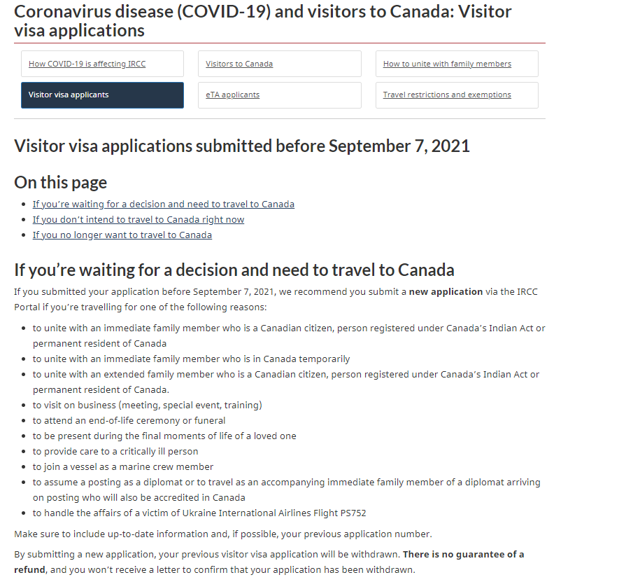 9月7日之前递交加拿大旅游签证（Visitor Visa）的申请人可能需要重新申请！