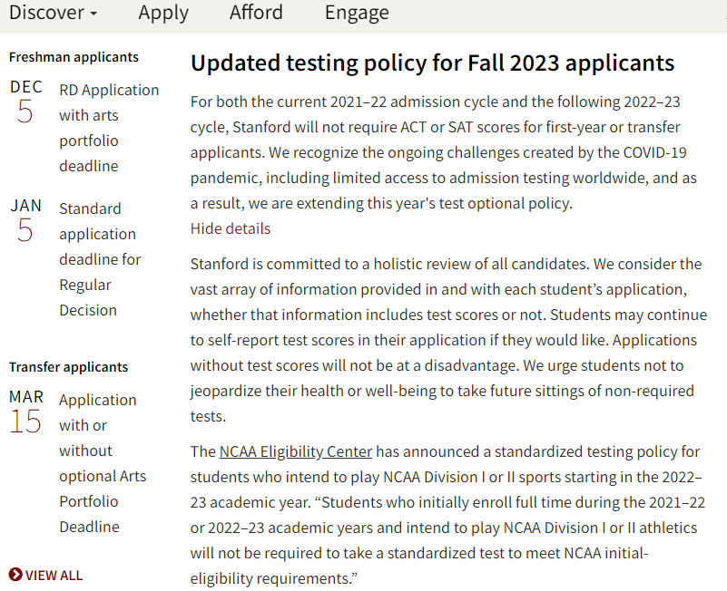 斯坦福大学官宣：2022-2023年申请季继续实行Test-Optional政策！