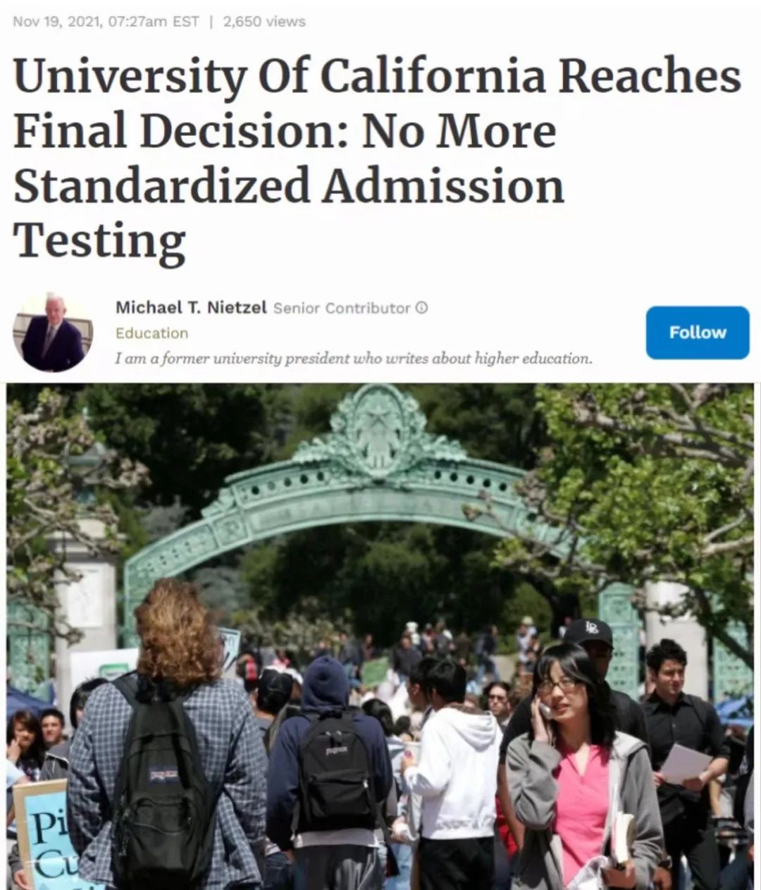 重磅！加州大学宣布永久终止大学录取中SAT/ACT成绩要求！