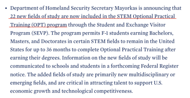 拜登政府宣布延长STEM专业留学生签证，OPT三年又扩大22个学科！