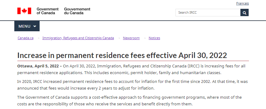 加拿大移民部宣布从4月30日起调高永久居民申请费用！