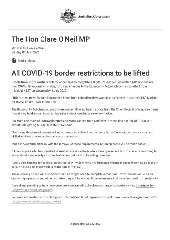 7月6日起澳洲所有入境限制取消！