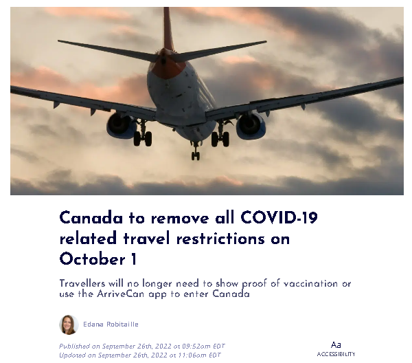 10月1日起加拿大国门完全开放：取消所有COVID-19旅行限制！
