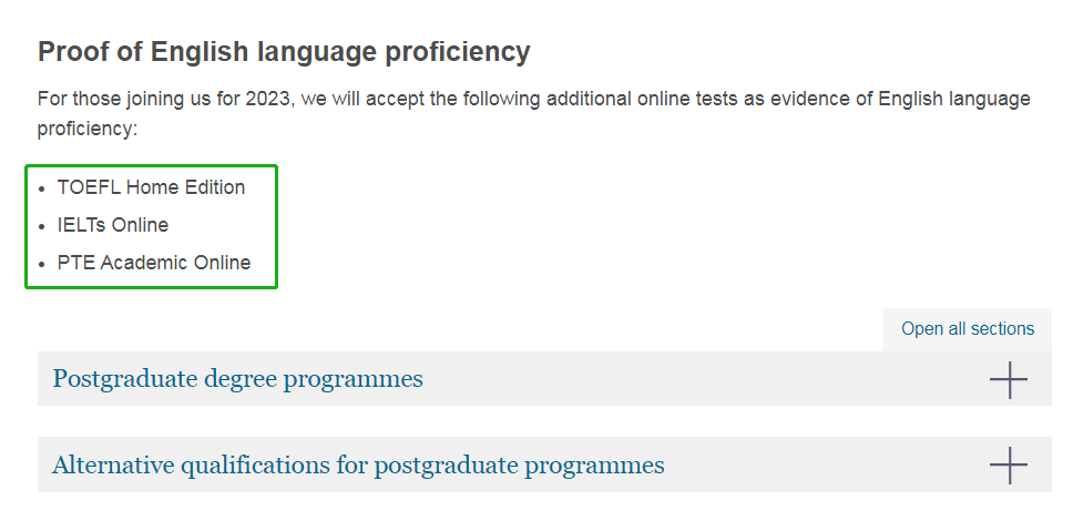 英国QS前100大学23fall硕士，可以接受哪些线上语言考试？