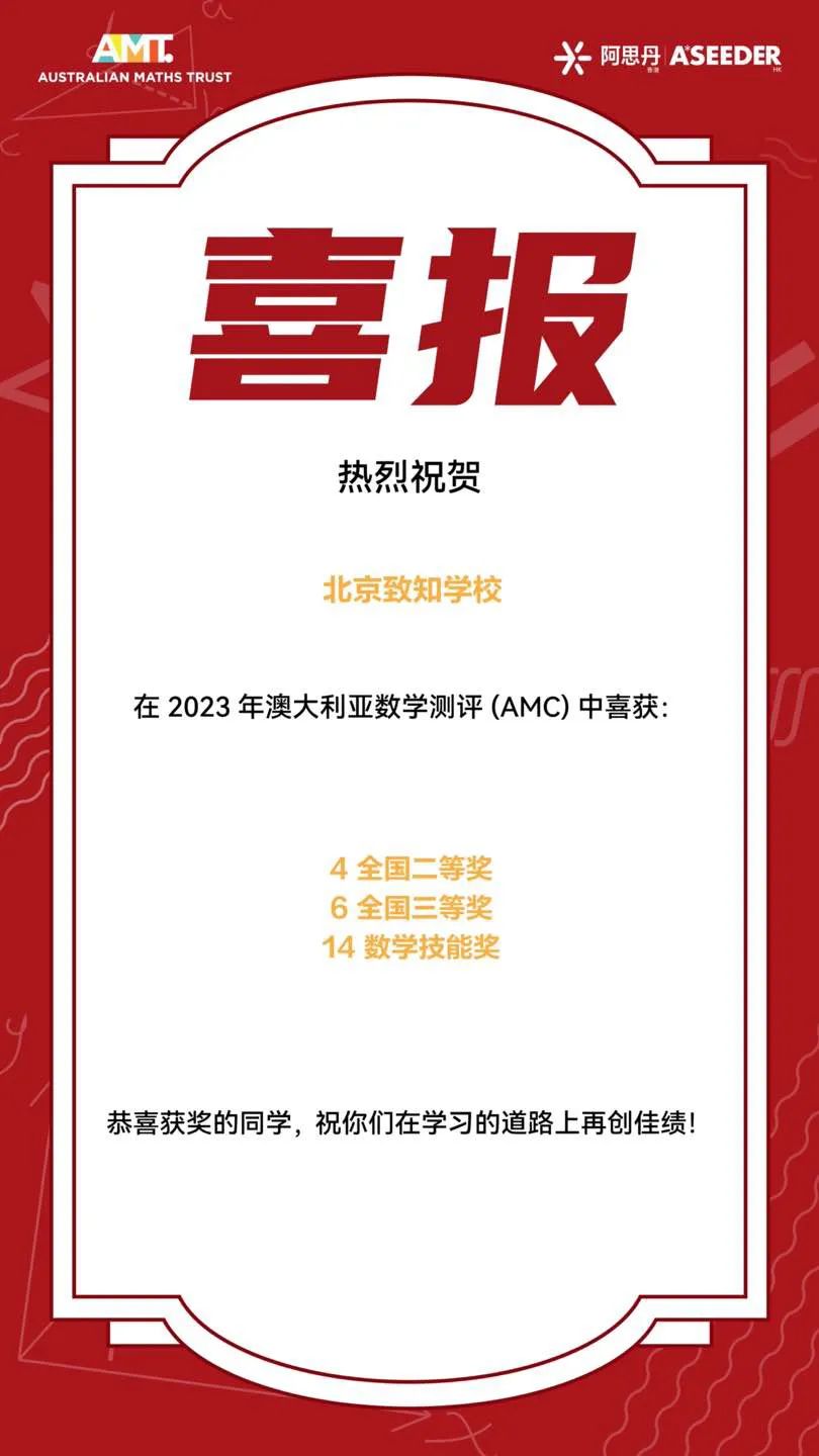 喜报！2023澳大利亚AMC数学竞赛，北京致知学校24名学生获奖